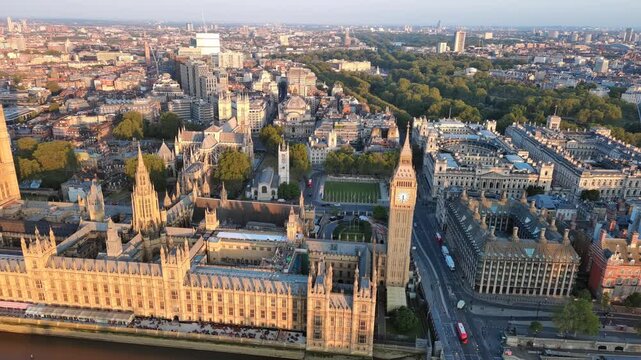 Aerial View of London, UK: Iconic Clock Tower, Big Ben and Palace of Westminster in Center of Capital City of United Kingdom of Great Britain and Northern Ireland at Sunrise