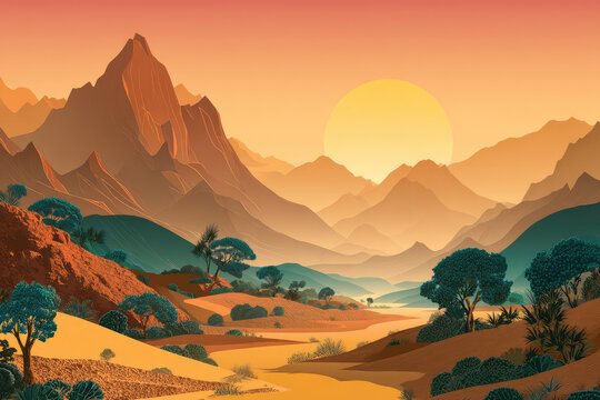 Nature vector background, landscape with mountains and sun. Panorama of mountains, wilderness, sands, valley on sunset or sunrise.