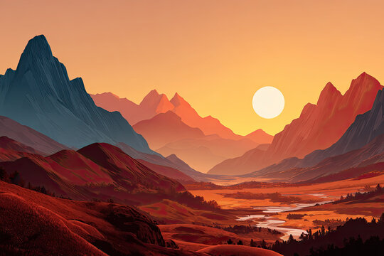 Nature vector background, landscape with mountains and sun. Panorama of mountains, wilderness, sands, valley on sunset or sunrise.
