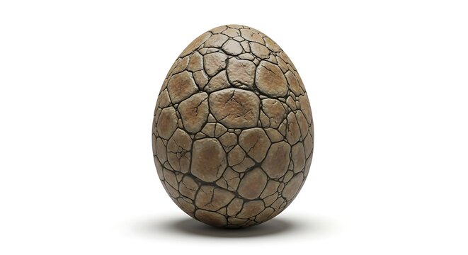 A single, textured, brown and grey egg with a cracked, scaly surface, resembling a dinosaur or dragon egg, isolated on a white background.