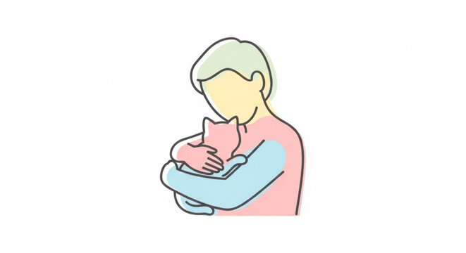 Woman hugging pink cat affectionate moment pet love cute illustration simple style