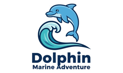 Dolphin leaping over sea wave marine adventure logo design © goesti
