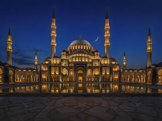 Fototapeta premium Grand Ottoman Mosque Blue Hour Night Illuminated Minarets Crescent Moon Reflection Pool Exterior