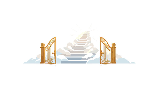 Ornate golden gates stand open to reveal a staircase leading upward into fluffy white clouds against a bright and ethereal white background in vector art.