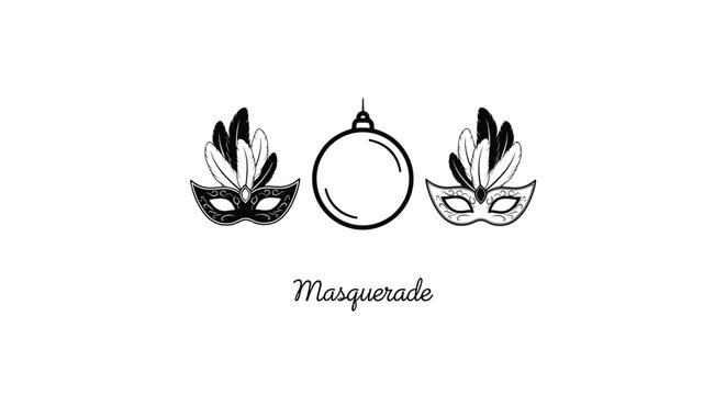 Two ornate masquerade masks with feathers flank a central spherical ornament in black line art on a clean white background in a minimalist graphic style.