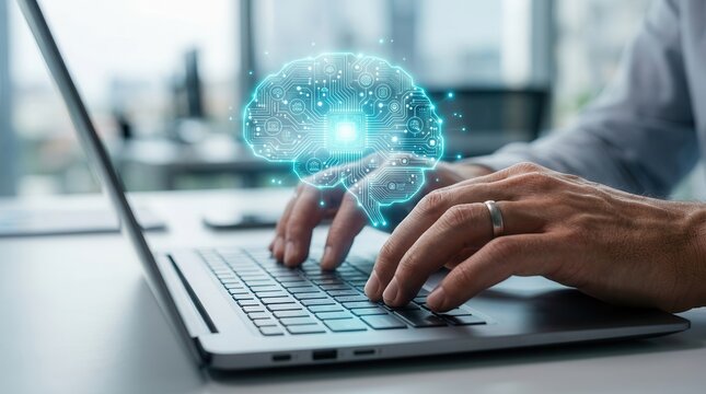 Artificial intelligence with a digital brain and connected data circuit core processing information.