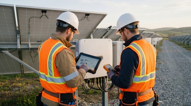 Two technicians in safety gear inspecting solar panels with tablet and multimeter, renewable energy maintenance, green power infrastructure, sustainable technology concept.