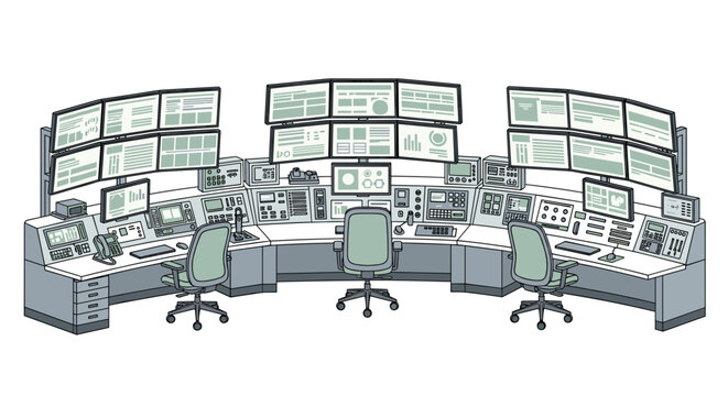 A high-tech control room with three ergonomic workstations and multiple computer monitors displaying complex data charts is presented in an isometric vector style.