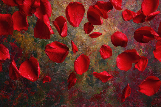 Red rose petals will fall on abstract floral background with gorgeous rose petal greeting card design. 