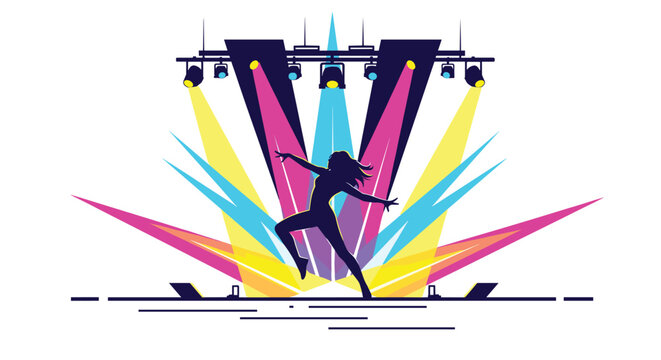 A dark silhouette of a person dancing energetically on a stage illuminated by bright, colorful spotlights creating vibrant beams against a clean white background.