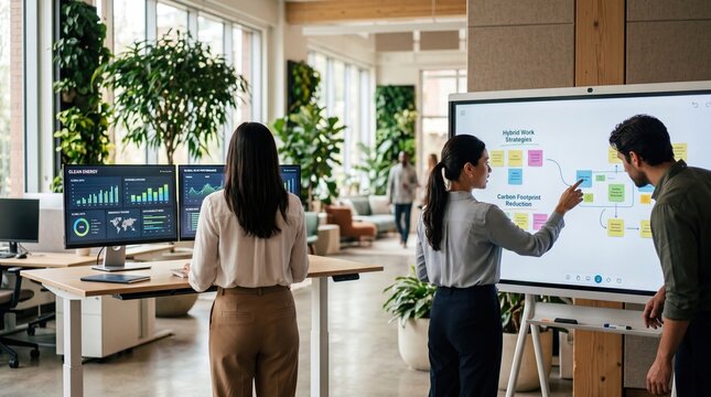 Business team collaborating on hybrid work strategies and carbon footprint reduction using digital whiteboard in modern eco-friendly office space, corporate sustainability meeting.