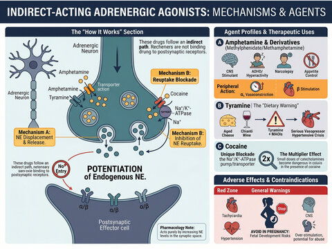Indirect-acting adrenergic agonists mechanisms and agents, detailing amphetamine derivatives, tyramine, cocaine, their profiles, therapeutic uses, and adverse effects with contraindications.