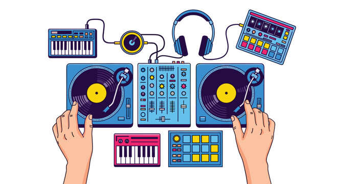 A detailed top-down illustration features a professional DJ setup with two turntables, a central mixer, a small keyboard, and headphones operated by human hands.