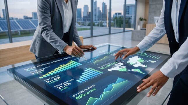 Business executives analyzing global renewable energy portfolio on interactive touch table, net zero progress tracking, investment roi charts, corporate sustainability strategy