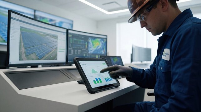 Male technician in hard hat checking solar panel performance data on tablet at control center, multiple monitors displaying aerial view and weather maps, renewable energy facility