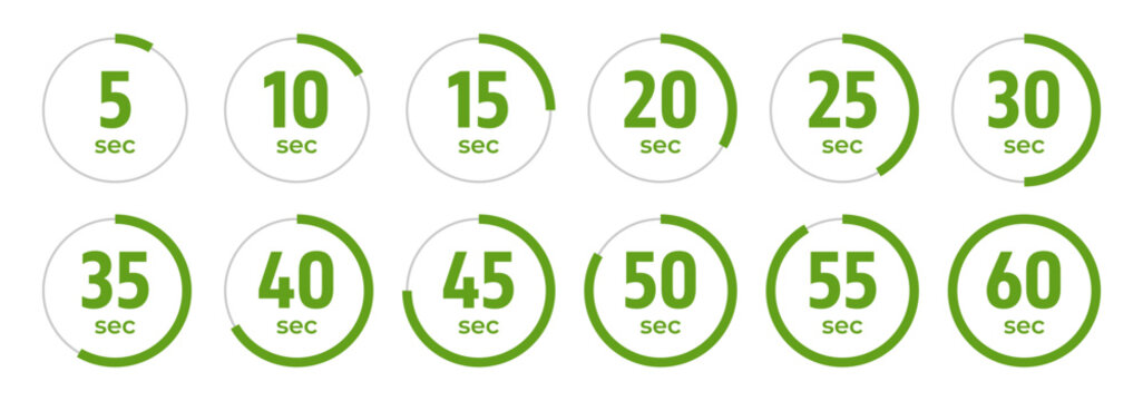 Green circular countdown timer icons set from 5 to 60 seconds