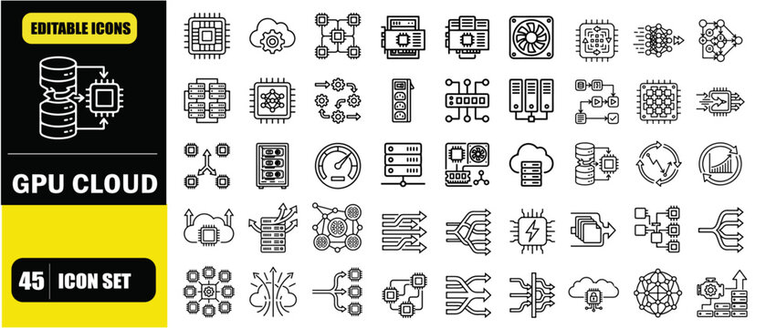 GPU Cloud Processing AI Icon Set &ndash; High Performance Computing Systems, Parallel Processing, Machine Learning Acceleration, Data Center Infrastructure and Scalable AI Computation Line Icons &ndash; Thin Line
