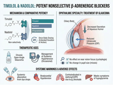 Timolol and Nadolol, potent nonselective beta-adrenergic blockers, are presented with their mechanism and comparative potency, ophthalmic specialty for glaucoma treatment, and systemic warnings.