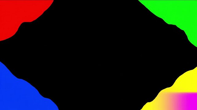 Vibrant abstract shapes in primary colors against a dark background.
