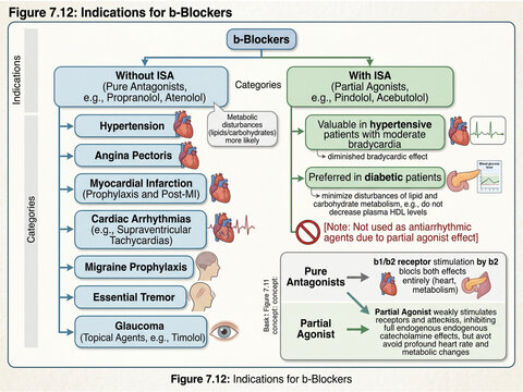Indications for beta-blockers are categorized based on whether they possess intrinsic sympathetic activity (ISA) or are pure antagonists, detailing their use in hypertension, angina, myocardial.