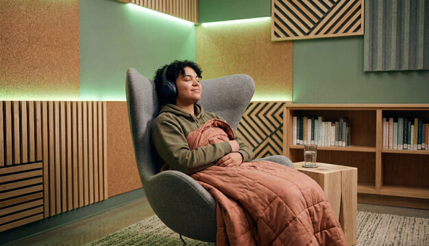 A person with noise-canceling headphones sits in a grey wingback chair under a weighted blanket in a sensory room featuring acoustic wall panels and soft green lighting.
