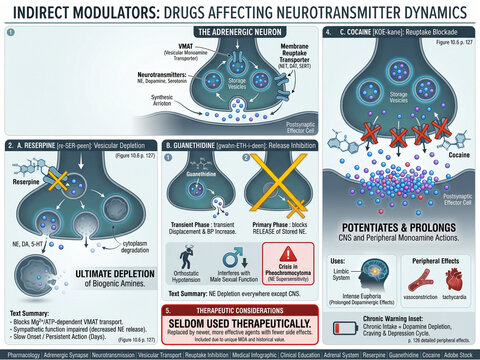 Diagram illustrating neurotransmitter dynamics and the effects of various drugs on synaptic transmission, focusing on indirect modulators affecting adrenergic neurons.