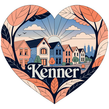 Kenner Louisiana Cityscape Illustration: Colorful Houses and Sunrise Inside a Heart Frame with Autumn Leaves - Modern Graphic Travel and Community Design