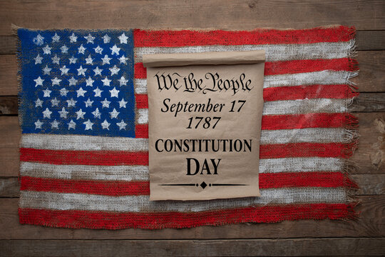 USA Constitution Day concept with parchment scroll text &ldquo;We The People&rdquo; and date September 17, 1787 on rustic American flag background.