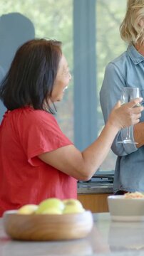 Vertical video: Toasting senior in red blouse raising wine glass after friend's touch in kitchen