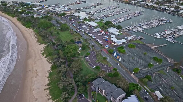 Mooloolaba Beach and marina aerial view at dusk, Sunshine Coast Queensland