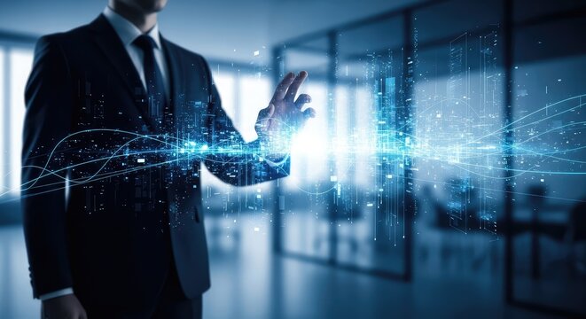 Futuristic technology project man interacting with holographic interface for innovation and digital transformation