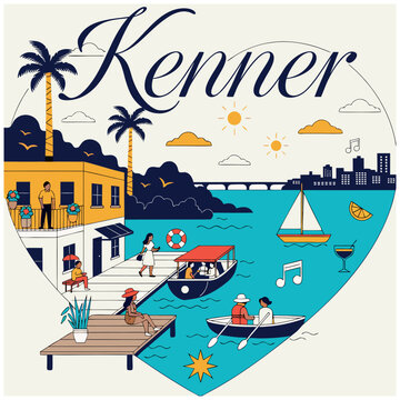 Kenner Louisiana Travel Illustration - Vibrant Waterfront Poster Featuring Boating, Palm Trees, and City Skyline in Modern Flat Design Style
