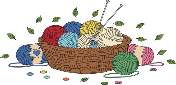 Cozy Knitting and Crochet Vector Illustration Featuring a Wicker Basket Filled with Colorful Yarn Balls, Knitting Needles, Buttons, and Leaves for Hobby and Craft Designs