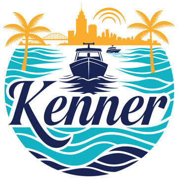 Kenner Louisiana Coastal Travel Emblem Featuring Nautical Yacht, Palm Trees, and City Skyline Silhouette over Blue Ocean Waves