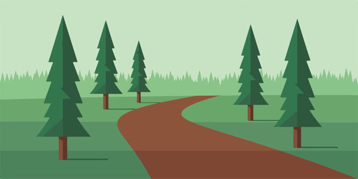 Winding path through a green forest with tall evergreen trees in a minimalist flat design.