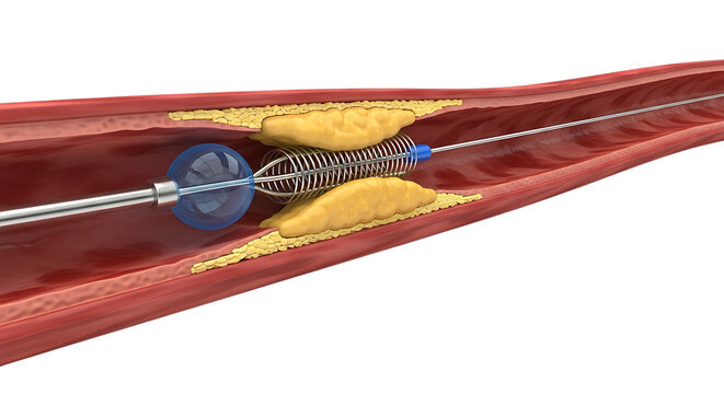 Coronary stenting angioplasty procedure treating plaque blocked artery with stent on transparent background