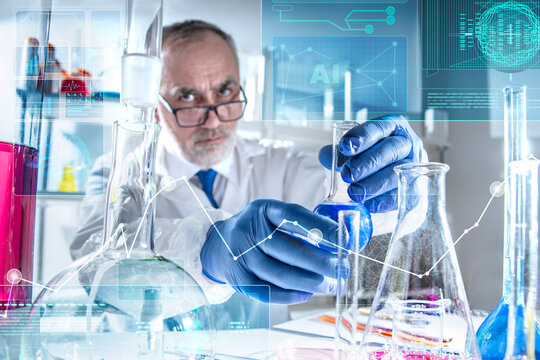 Scientist, laboratory, scientific portrait of a senior expert in glasses and gloves, calm and confident, evaluating results in chemical analysis and quality control.