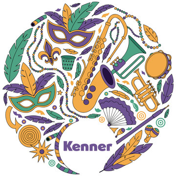 Kenner Louisiana Mardi Gras Carnival Vector Illustration in a Circle with Saxophone, Trumpet, Masquerade Masks, Beads, and Feathers in Traditional Purple, Green, and Gold Colors
