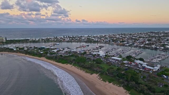 Point Cartwright and Mooloolaba Harbour aerial panorama at dusk, Sunshine Coast Queensland
