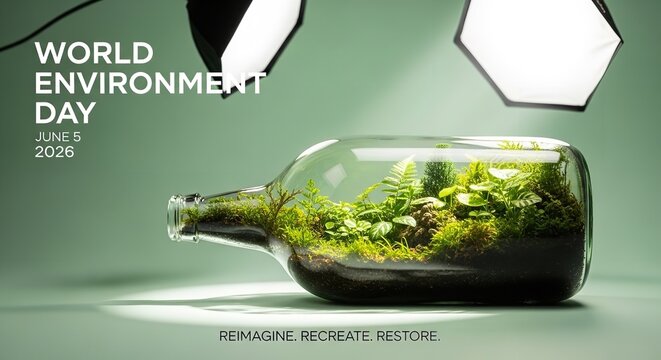 A miniature lush green forest ecosystem thrives within a clear glass bottle, meticulously crafted and illuminated, representing a self-contained world symbolizing environmental consciousness, conserva