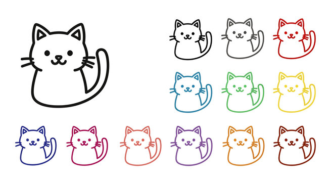 A collection of cute, cartoon-style cats in various colors, including a large outline drawing and smaller filled-in versions.