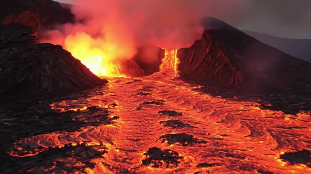 Cinematic Aerial of Molten Lava Flowing from Erupting Volcanic Vent at Twilight