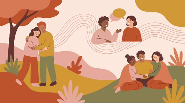 Human-centered illustration focusing on emotional connection and relationships, highly relatable for modern audiences