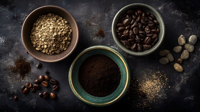 Coffee in three stages: green, roasted, ground