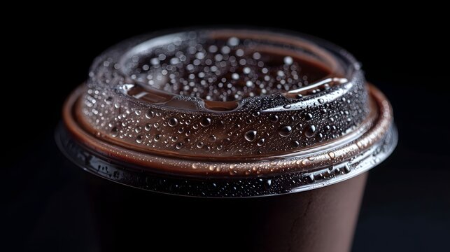 Steamy beverage cup with water droplets on plastic lid