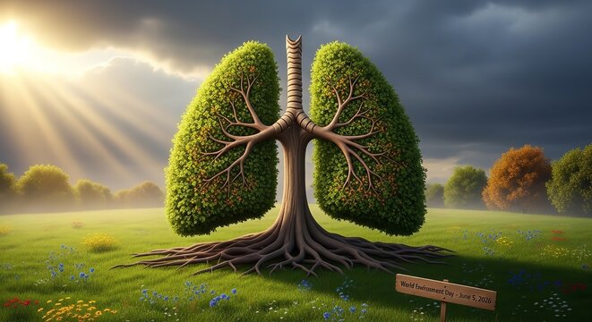 A beautifully formed, vibrant tree resembling human lungs stands majestically within a lush, verdant green meadow adorned with delicate wildflowers, powerfully symbolizing the profound and critical co