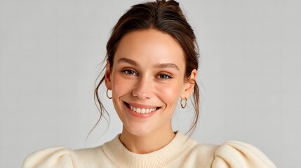 Naklejka premium Warm smile graces a young woman's face.