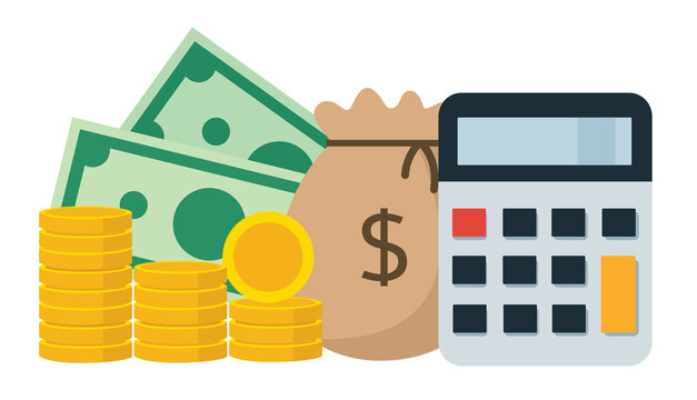 Calculator with dollar banknotes and stack of gold coins