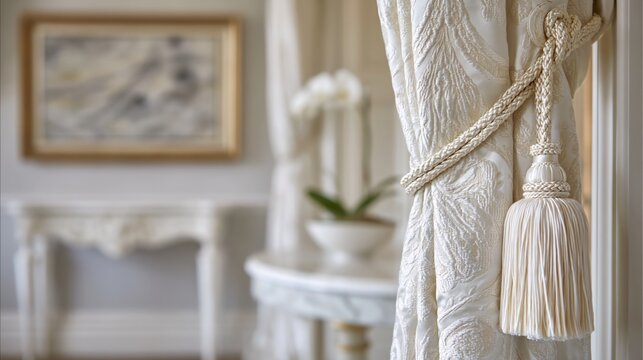 Elegant white curtain with braided tassel detail.