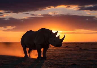 Fototapeta premium Silhouette of a large rhinoceros standing on the open African savanna at sunset with orange dust clouds kicking up from its feet under a dramatic colorful sky in the wild.